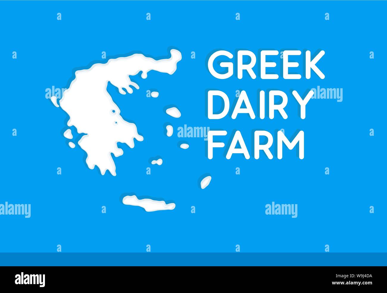 Il greco Dairy Farm, concetto vettoriale illustrazione con silhouette di Grecia mappa dipinta da latte sulla nazionale di colore blu. Illustrazione Vettoriale