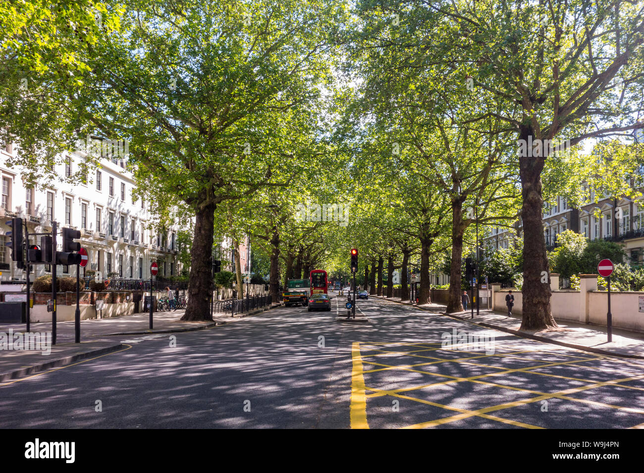 Il traffico sul viale alberato di Holland Park Avenue, Royal Borough di Kensington e Chelsea, London, Regno Unito - Holland Park Avenue London Foto Stock