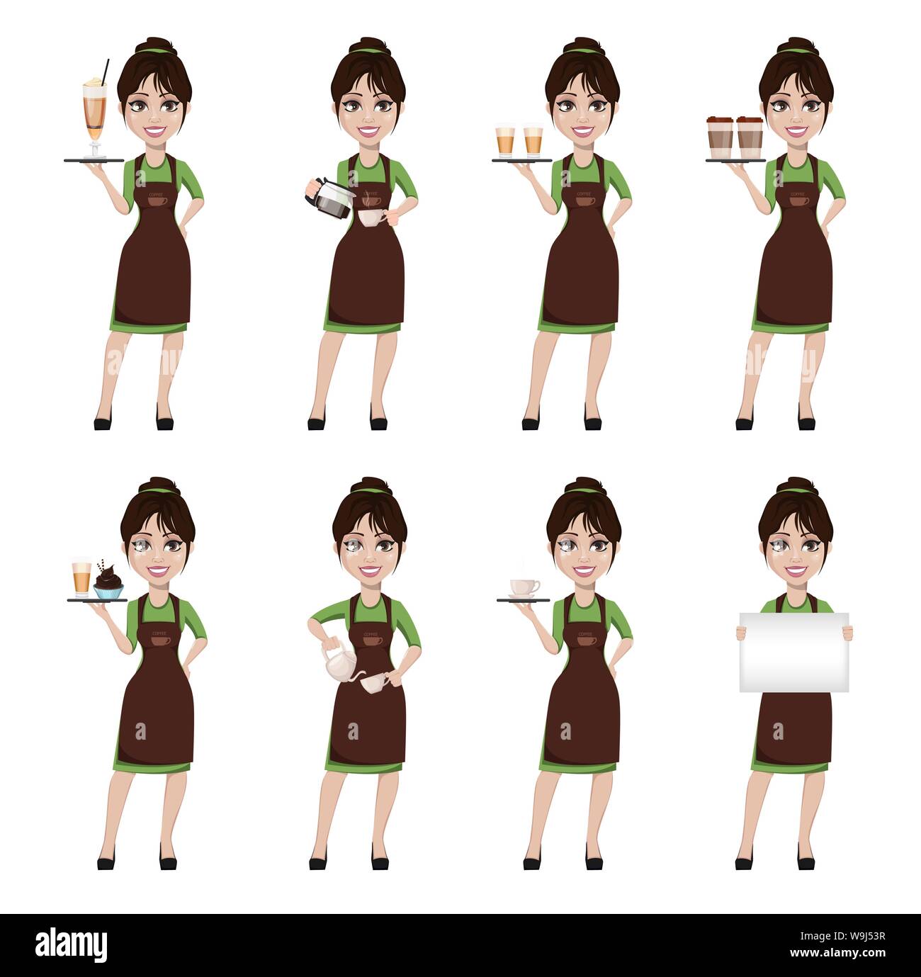 Giovane bella donna barista in uniforme professionale, set di otto pone. Femmina simpatico personaggio dei cartoni animati. Illustrazione Vettoriale. Illustrazione Vettoriale