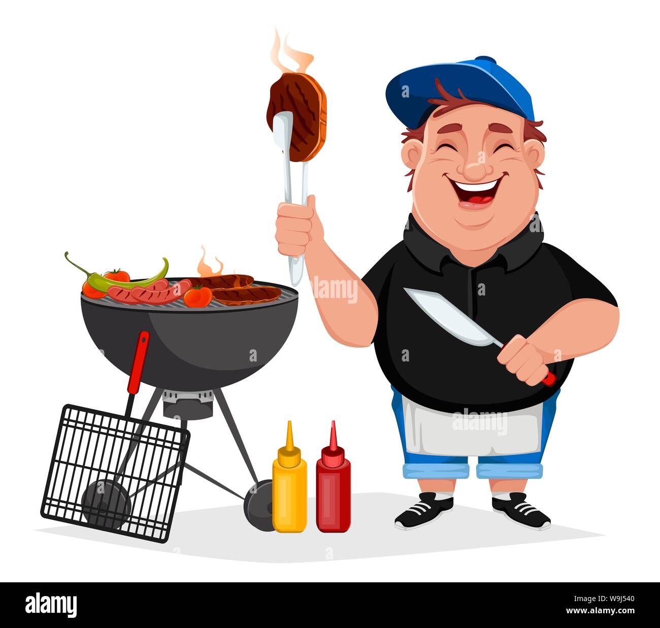 Il barbecue. Giovane uomo allegro cuochi cibo alla griglia. Barbecue party. Illustrazione Vettoriale su sfondo bianco Illustrazione Vettoriale