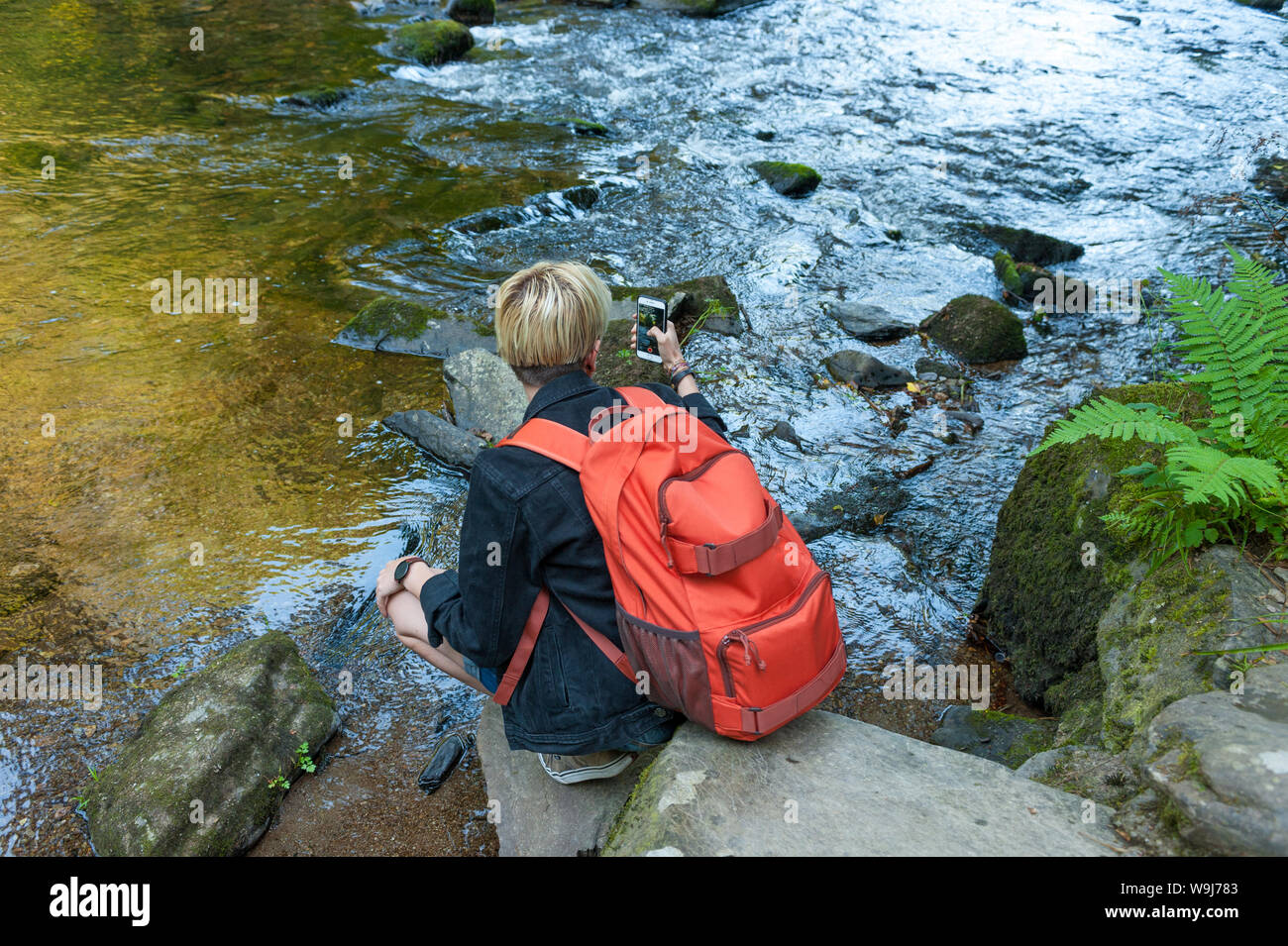 Giovane fotografo con lo smartphone nelle fasi Tarr riserva nazionale, Exmoor, REGNO UNITO Foto Stock