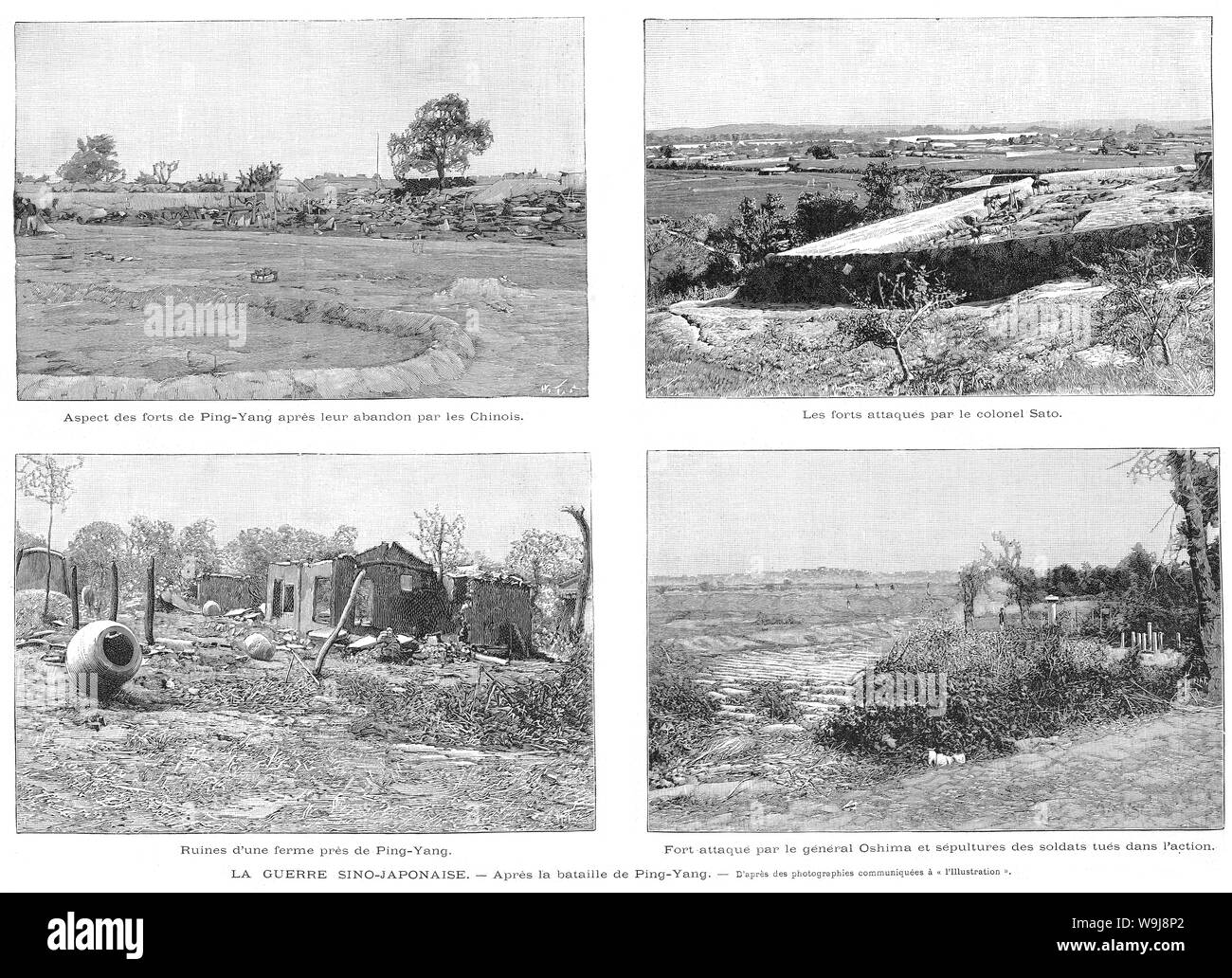 [ 1890 Giappone - Prima guerra Sino-Japanese (1894-1895) ] - Immagini di Pyongyang, Corea, dopo la battaglia di Pyongyang durante la Prima Guerra Sino-Japanese (1894-1895). La battaglia è stata la seconda grande battaglia di terra della guerra e ha avuto luogo il 15 settembre 1894 (Meiji 27). Pubblicato in francese settimanale illustrato l'illustrazione il 5 gennaio 1895 (Meiji 28). Xix secolo quotidiano vintage illustrazione. Foto Stock