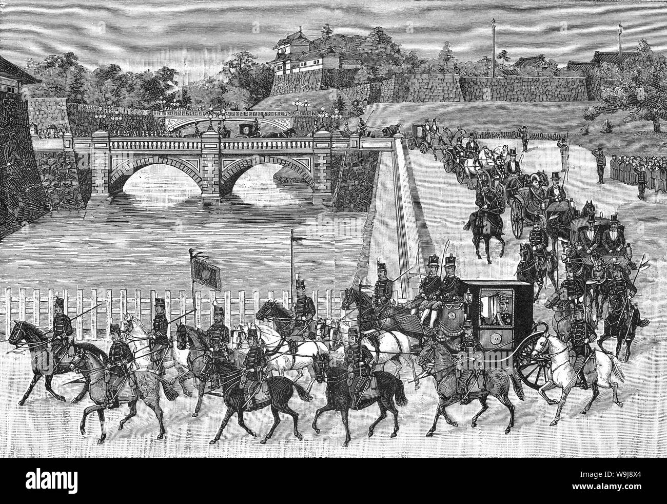 [ 1890 Giappone - l'Imperatore Meiji viaggiare ] - l'Imperatore Meiji lascia il palazzo imperiale di Tokyo per Hiroshima. Nella parte posteriore, il Nijubashi Bridge può essere visto. Pubblicato in francese settimanale illustrato l'illustrazione il 5 gennaio 1895 (Meiji 28). Testo originale: "La Guerre sino-japonaise. Partono du Mikado pour Hiroshima, quartier général japonais.' ottocento giornale vintage illustrazione. Foto Stock