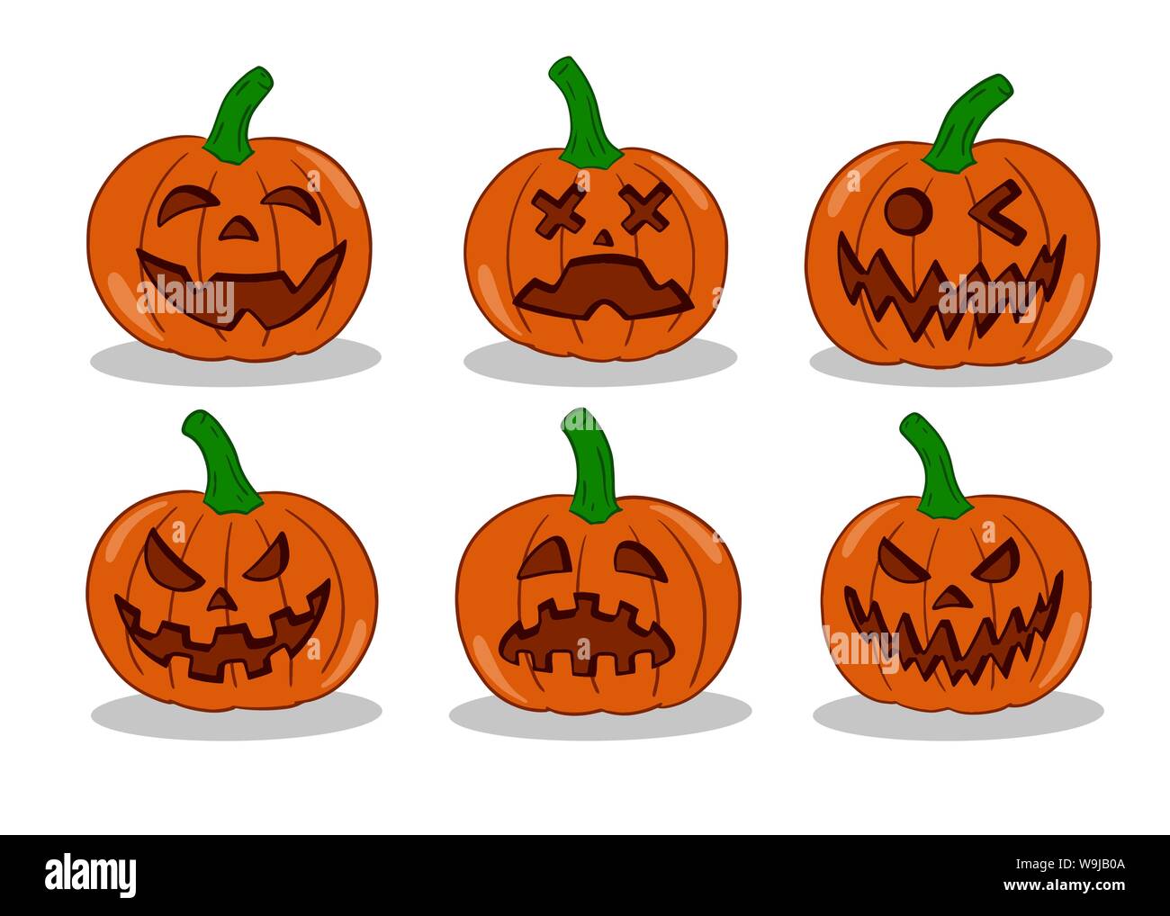 Emoticon Zucca set. Illustrazione Vettoriale collezione. Zucca di Halloween con vari faccia espressione. Illustrazione Vettoriale