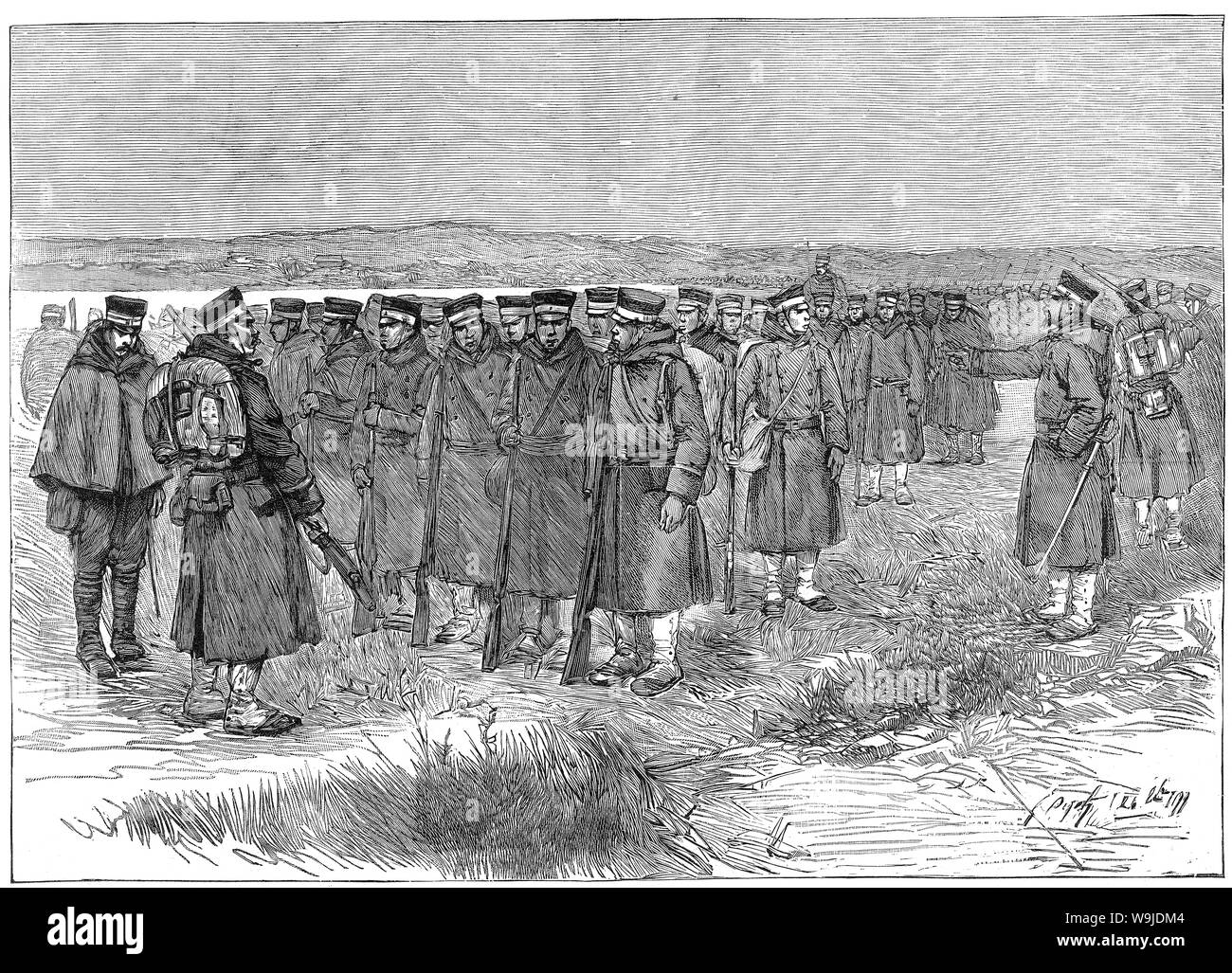 [ 1890 Giappone - Prima guerra Sino-Japanese (1894-1895) ] - Giapponese truppe imperiali ottenere pronto per attraversare il fiume Yalu dividendo in Corea e Cina, durante la Prima Guerra Sino-Japanese (1894-1895). La notte del 24 ottobre 1894, le truppe giapponesi attraversato il fiume Yalu non rilevati da erigere un pontone ponte. Pubblicato in francese settimanale illustrato Le Monde illustré il 19 gennaio 1895 (Meiji 28). Arte da artista francese Georges Ferdinand Bigot (1860-1927), famoso per i suoi cartoni satirica della vita nel periodo Meiji in Giappone. Xix secolo quotidiano vintage illustrazione. Foto Stock