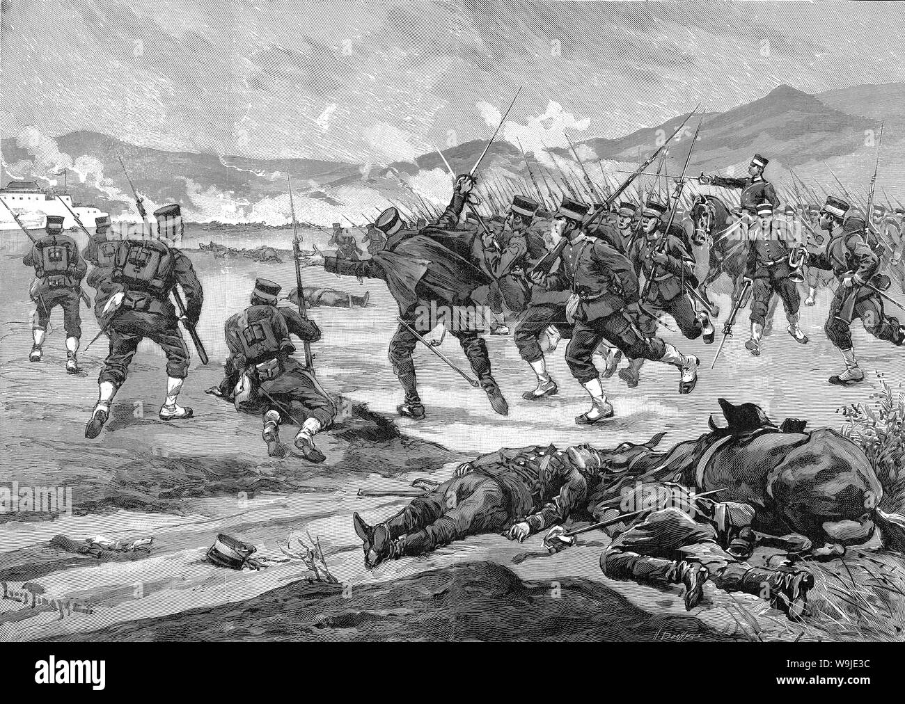 [ 1890 Giappone - Prima guerra Sino-Japanese (1894-1895) ] - Giapponese truppe imperiali attaccare le forze Cinesi dopo aver attraversato il fiume Yalu dividendo in Corea e Cina, durante la Prima Guerra Sino-Japanese (1894-1895). La notte del 24 ottobre 1894, le truppe giapponesi attraversato il fiume Yalu non rilevati da erigere un pontone ponte. Pubblicato in francese settimanale illustrato Le Monde illustré il 26 gennaio 1895 (Meiji 28). Arte da artista francese Louis Tinayre (1861-1942). Xix secolo quotidiano vintage illustrazione. Foto Stock