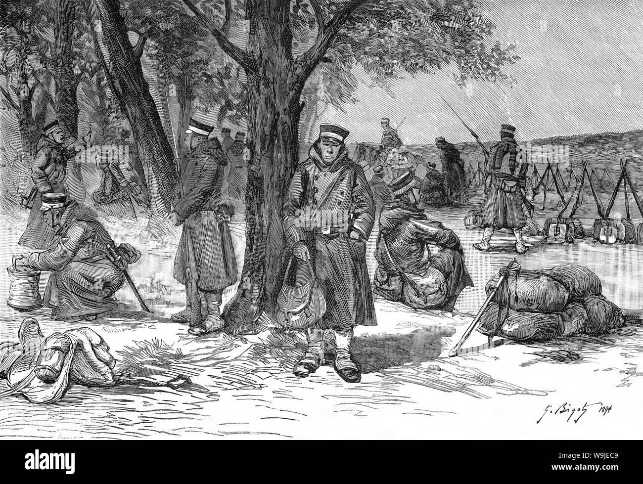 [ 1890 Giappone - Prima guerra Sino-Japanese (1894-1895) ] - Giapponese truppe imperiali resto vicino al fiume Yalu dividendo in Corea e Cina, durante la Prima Guerra Sino-Japanese (1894-1895). La notte del 24 ottobre 1894, le truppe giapponesi attraversato il fiume Yalu non rilevati da erigere un pontone ponte. Pubblicato in francese settimanale illustrato Le Monde illustré il 26 gennaio 1895 (Meiji 28). Arte da artista francese Georges Ferdinand Bigot (1860-1927), famoso per i suoi cartoni satirica della vita nel periodo Meiji in Giappone. Xix secolo quotidiano vintage illustrazione. Foto Stock