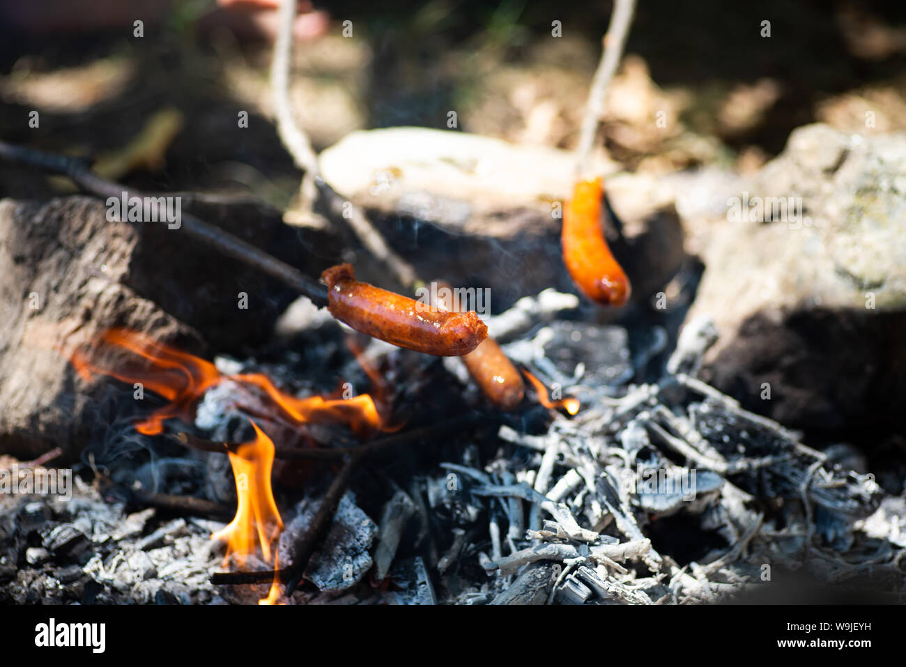 Persone salsiccia di cottura sul fuoco su un bastone ad un picnic Foto Stock