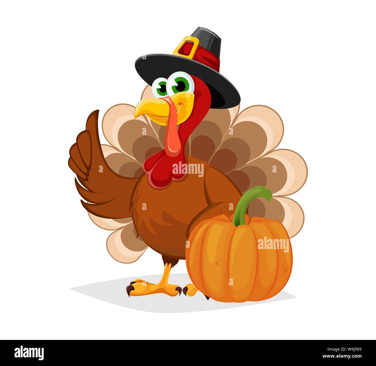 La Giornata del ringraziamento. Divertente personaggio dei cartoni animati della Turchia un uccello nel cappello del pellegrino sorge con la zucca. Illustrazione Vettoriale Illustrazione Vettoriale