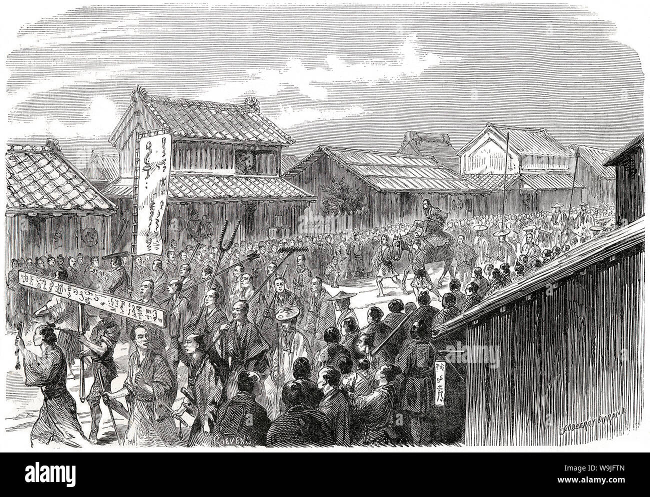 [ 1860 Giappone - Parata di Seiji Shimizu ] - Parata di Seiji Shimizu il 28 dicembre 1864. Shimizu era il leader del samurai che aveva tagliato il ufficiali britannici grandi George Walter Baldwin e tenente Robert Nichols Bird. Il 22 novembre 1864 Baldwin e Bird sono stati assassinati da samurai vicino Wakamiya Oji a Kamakura, nella prefettura di Kanagawa. Pubblicato in 1865 (Genji 2). Arte da artista francese Godefroy Durand (1832-1920). Xix secolo quotidiano vintage illustrazione. Foto Stock