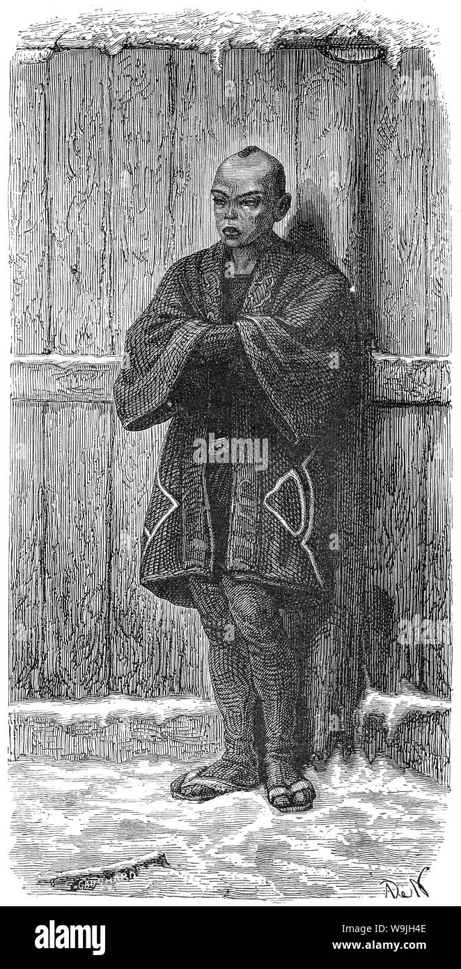 [ 1860 Giappone - Uomo in abbigliamento invernale ] - Giapponese uomo vestito in abiti invernali. Pubblicato in La pubblicazione francese Le Tour du monde, 1866 (Keio 2). L'illustrazione accompagnato un articolo sul Giappone dal diplomatico svizzero M. Aimé Humbert che ha vissuto in Giappone nel 1863-1864. Testo originale: "Habitant de ville en costume d'hiver.' ottocento giornale vintage illustrazione. Foto Stock