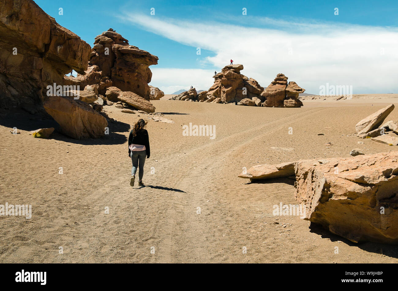 Ragazza camminare da soli nel deserto di Uyuni in Bolivia Foto Stock
