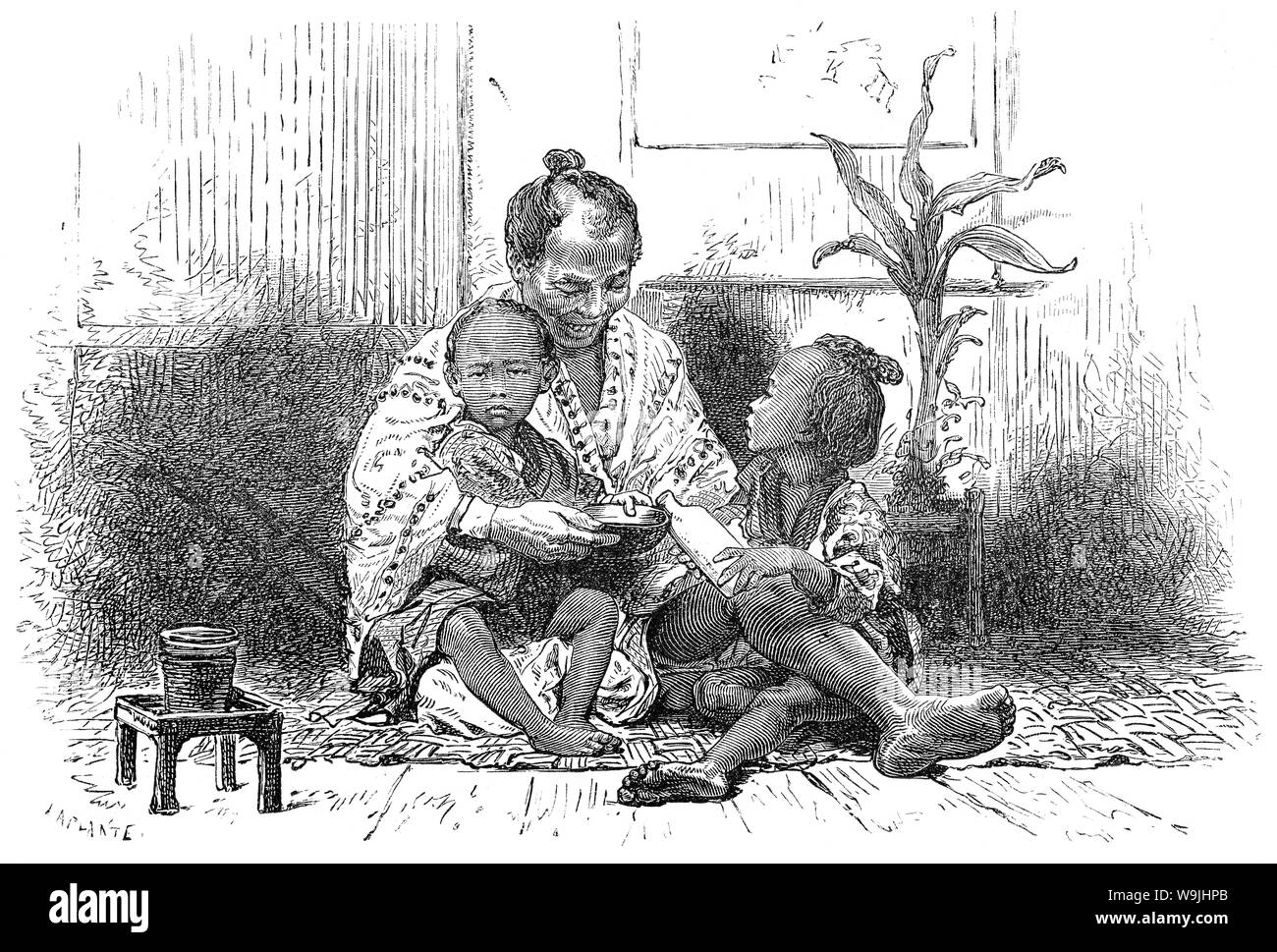 [ 1860 Giappone - Padre giapponese con bambini ] - Un padre tiene due bambini, uno di loro è amor versare nel recipiente il padre è holding. Pubblicato in La pubblicazione francese Le Tour du monde, 1866 (Keio 2). L'illustrazione accompagnato un articolo sul Giappone dal diplomatico svizzero M. Aimé Humbert che ha vissuto in Giappone nel 1863-1864. Xix secolo quotidiano vintage illustrazione. Foto Stock