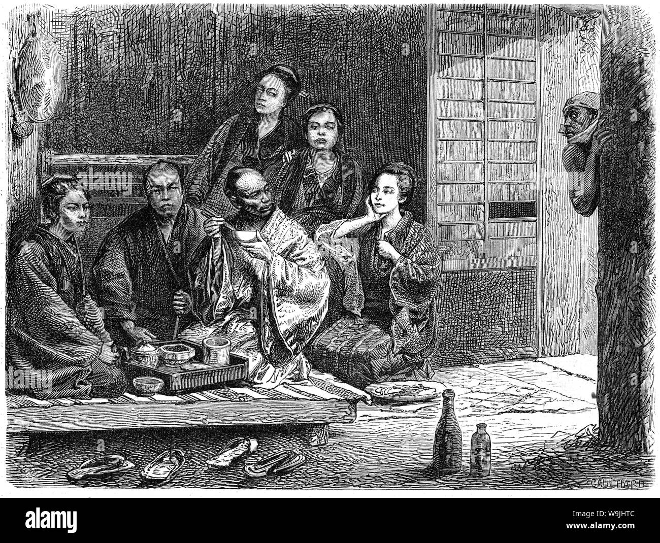 [ 1860 Giappone - Facchini ] - i quarti dei facchini della residenza olandese. Pubblicato in La pubblicazione francese Le Tour du monde, 1866 (Keio 2). L'illustrazione accompagnato un articolo sul Giappone dal diplomatico svizzero M. Aimé Humbert che ha vissuto in Giappone nel 1863-1864. Testo originale: "La loge des portiers de la résidence hollandaise : Portier et voisines.' ottocento giornale vintage illustrazione. Foto Stock