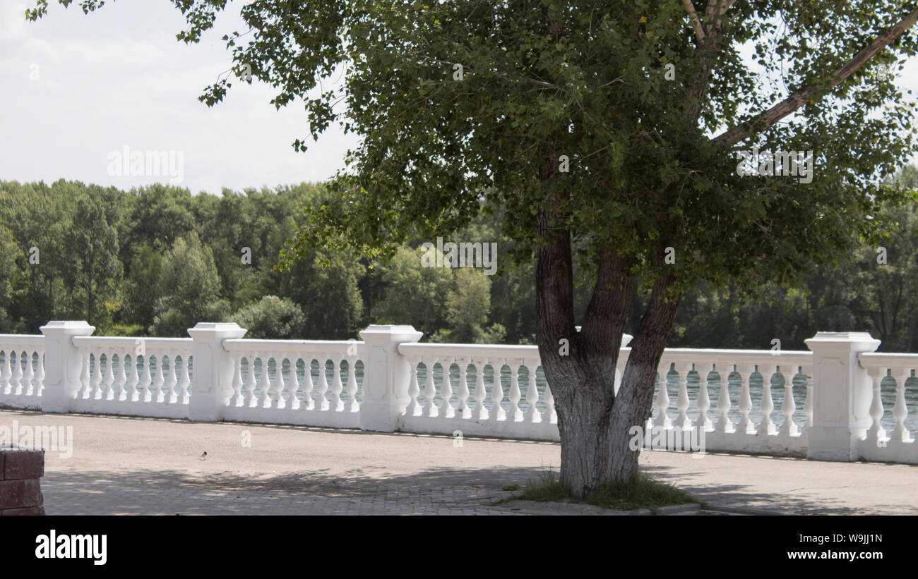 Argine del Fiume. Estate in città paesaggio. Parapetto in bianco. Foto Stock