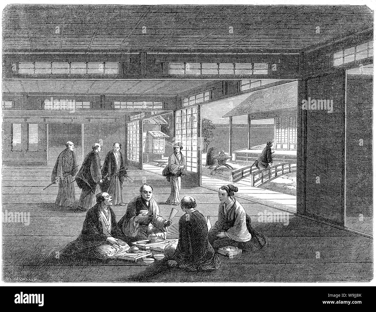 [ 1860 Giappone - Samurai Giapponese ] - Samurai mangiare e parlare. Pubblicato in La pubblicazione francese Le Tour du monde, 1866 (Keio 2). L'illustrazione accompagnato un articolo sul Giappone dal diplomatico svizzero M. Aimé Humbert che ha vissuto in Giappone nel 1863-1864. Xix secolo quotidiano vintage illustrazione. Foto Stock