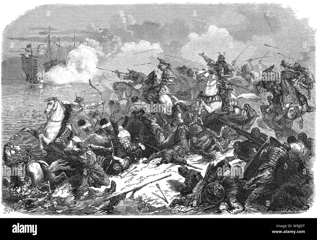 [ 1860 Giappone - invasioni dei Mongoli del 1274 e 1281 ] - Samurai combattere i mongoli. Nel 1274 e 1281, imperatore mongolo Kublai Khan ha cercato di conquistare le isole giapponesi due volte, ma non riuscita. Pubblicato in La pubblicazione francese Le Tour du monde, 1866 (Keio 2). L'illustrazione accompagnato un articolo sul Giappone dal diplomatico svizzero M. Aimé Humbert che ha vissuto in Giappone nel 1863-1864. Xix secolo quotidiano vintage illustrazione. Foto Stock