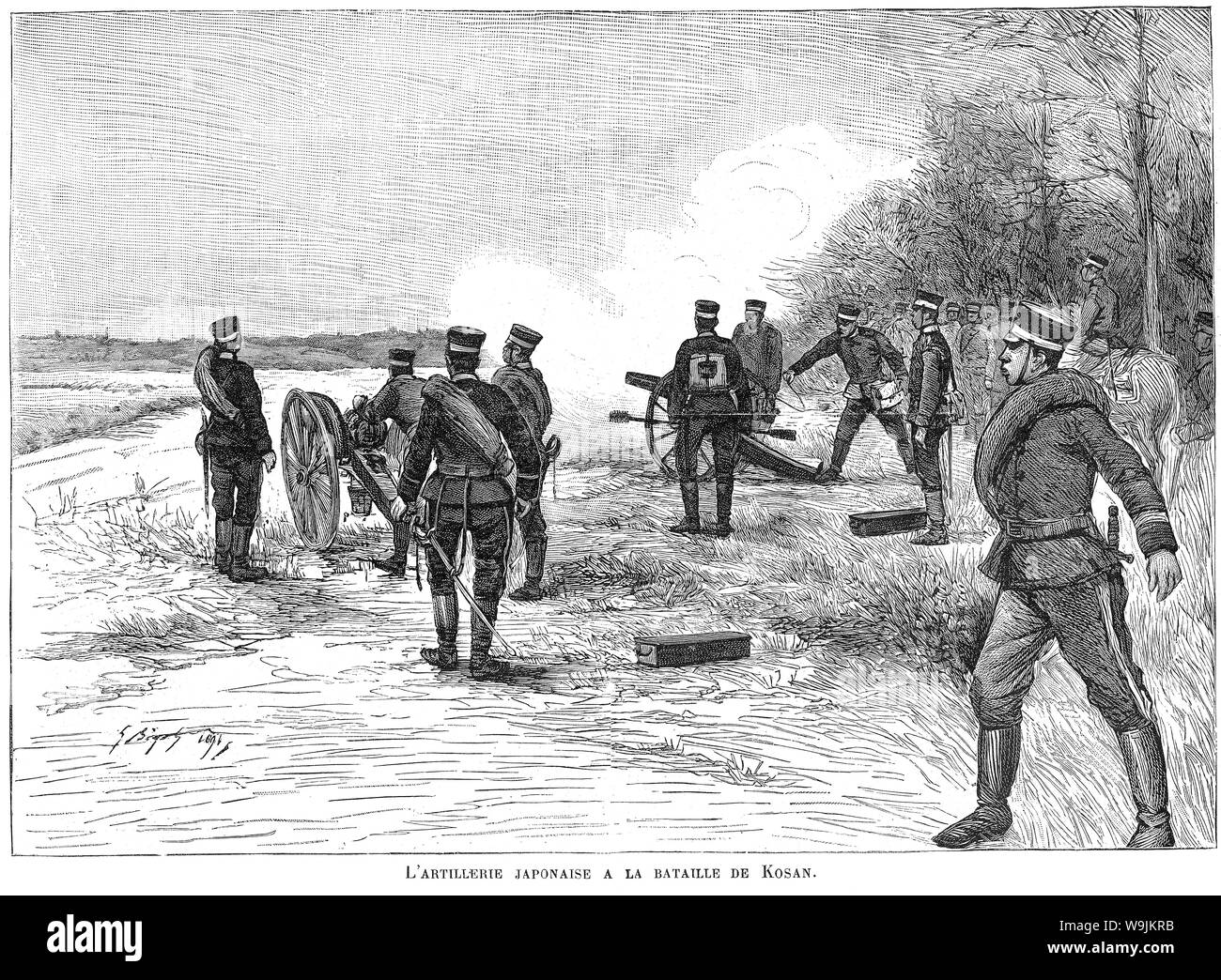 [ 1890 Giappone - Prima guerra Sino-Japanese (1894-1895) ] - Giapponese artiglieria imperiale in azione durante la Prima Guerra Sino-Japanese (1894-1895). Pubblicato in francese settimanale illustrato Le Monde illustré il 19 gennaio 1895 (Meiji 28). Arte da artista francese Georges Ferdinand Bigot (1860-1927), famoso per i suoi cartoni satirica della vita nel periodo Meiji in Giappone. Testo originale: 'L'Artillerie Japonaise a la bataille de Kosan.' ottocento giornale vintage illustrazione. Foto Stock