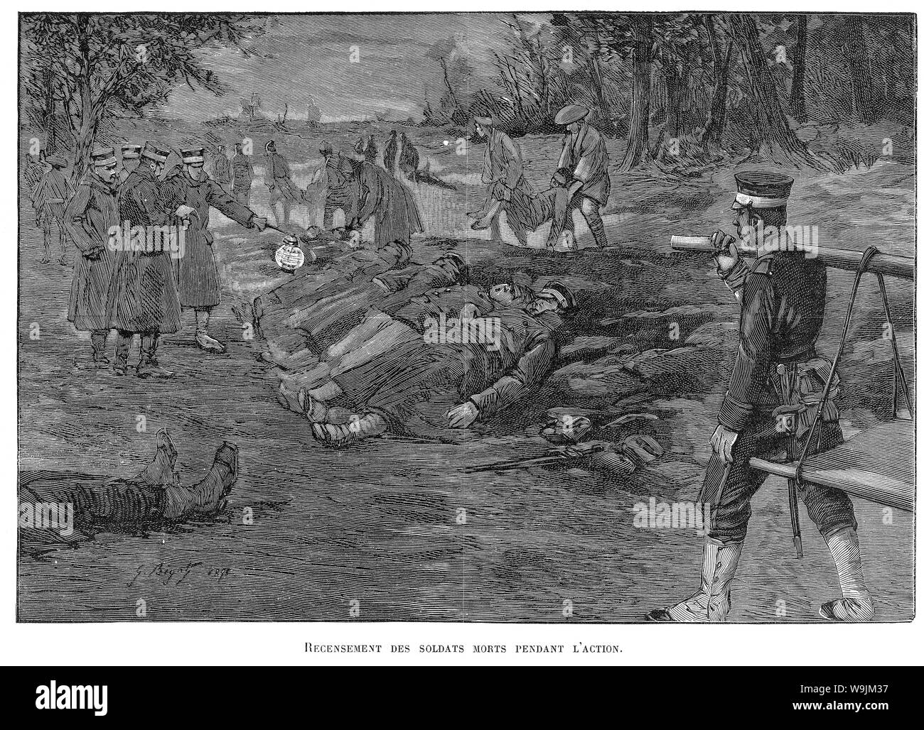 [ 1890 Giappone - Prima guerra Sino-Japanese (1894-1895) ] - Cremating feriti durante la Prima Guerra Sino-Japanese (1894-1895). Pubblicato in francese settimanale illustrato Le Monde illustré on gennaio 12, 1895 (Meiji 28). Arte da artista francese Georges Ferdinand Bigot (1860-1927), famoso per i suoi cartoni satirica della vita nel periodo Meiji in Giappone. Xix secolo quotidiano vintage illustrazione. Foto Stock