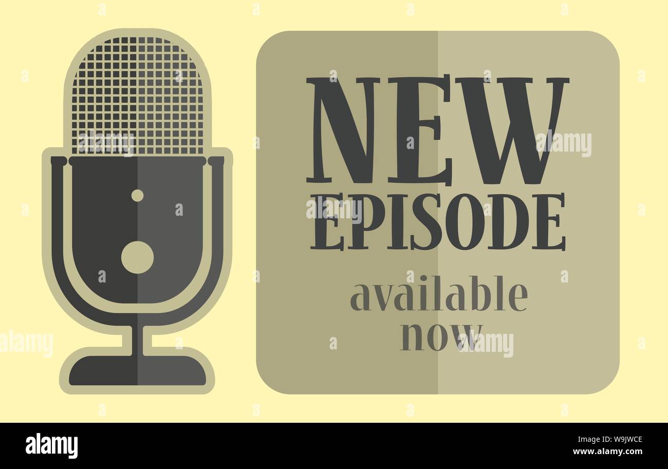 Un nuovo episodio di podcast disponibile ora il podcasting concetto illustrazione vettoriale su sfondo giallo Illustrazione Vettoriale