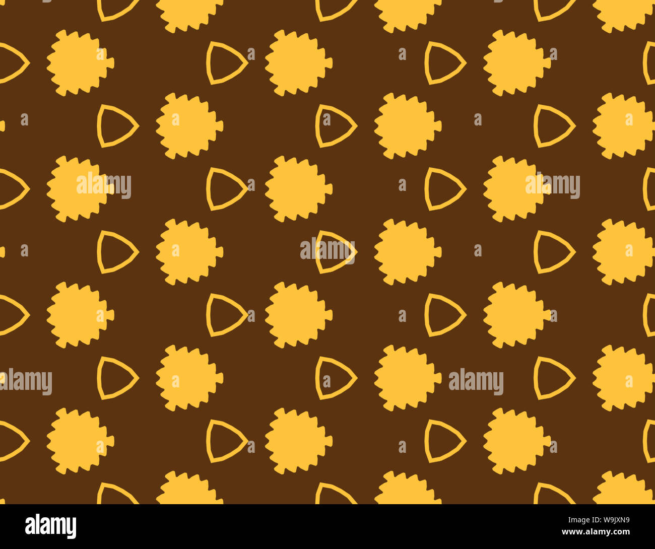 Seamless disegno geometrico. A forma di foglie di giallo e triangoli su sfondo marrone. Foto Stock