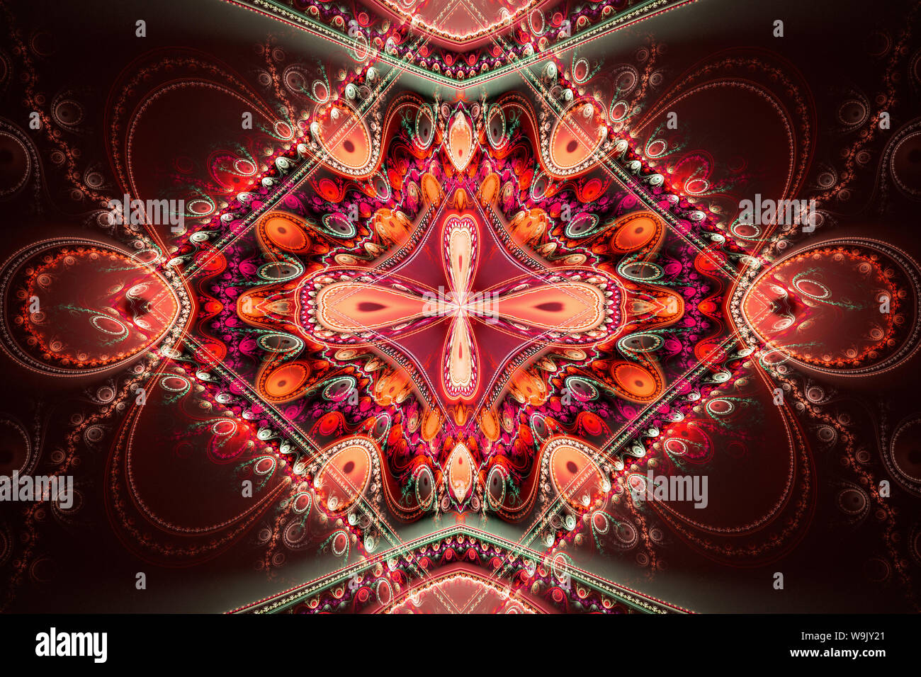 Rosso Arancione frattale geometrico illustrano fantasticando immaginazione spazio psichedelico sogni magic esplosione nucleare pattern di frequenza i concetti di radiazione Foto Stock
