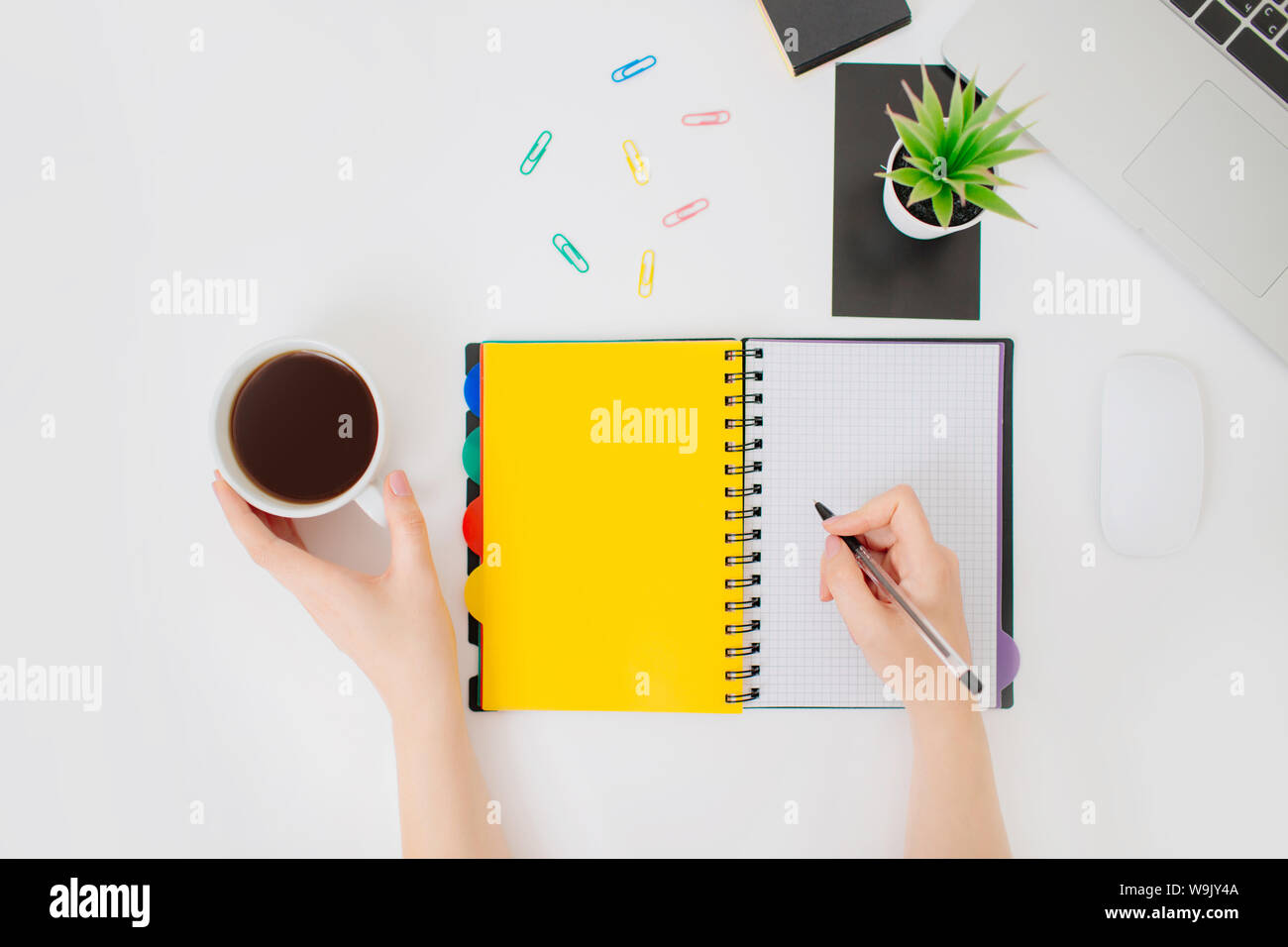 Flatlay con mani femminili rendendo note in un notebook. Ufficio minimalista workplace. Sfondo bianco, una tazza di caffè accanto a. Foto Stock