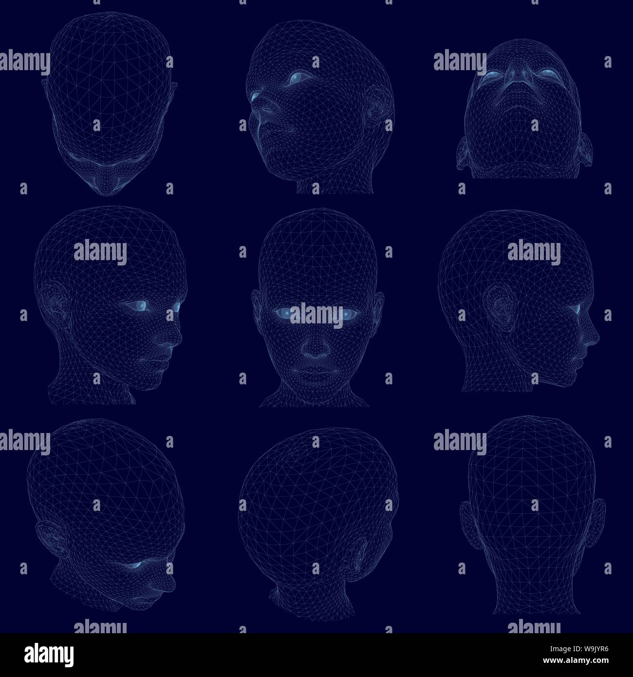 Impostare con wireframe di forma poligonale di teste umane. Il blu i contorni della testa femmina in diverse posizioni. 3D. Illustrazione Vettoriale. Illustrazione Vettoriale