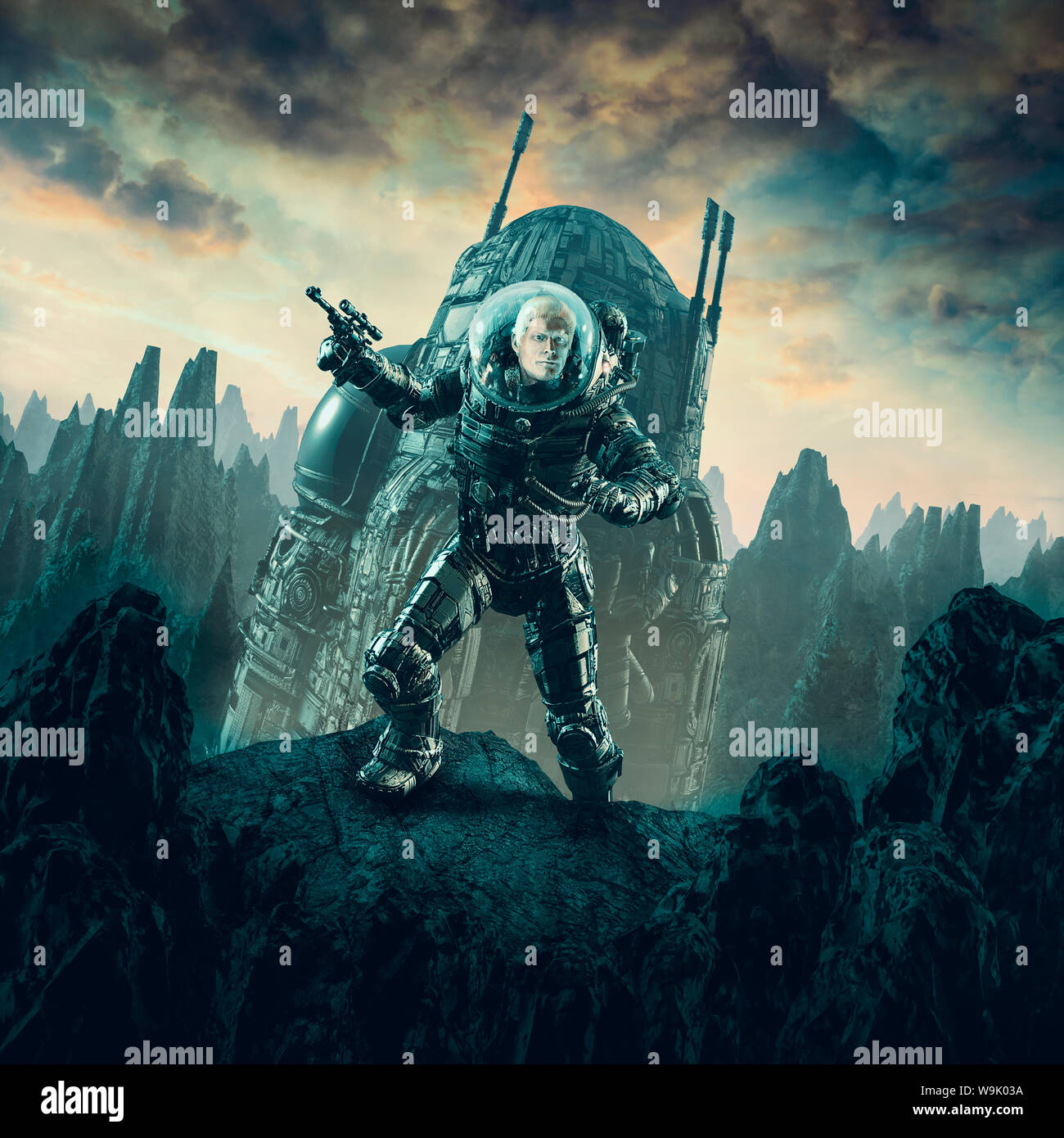 Eroe galattico astronauta / 3D illustrazione di retro science fiction scena mostrando eroica spazio maschio explorer dopo un atterraggio sul mondo alieno Foto Stock