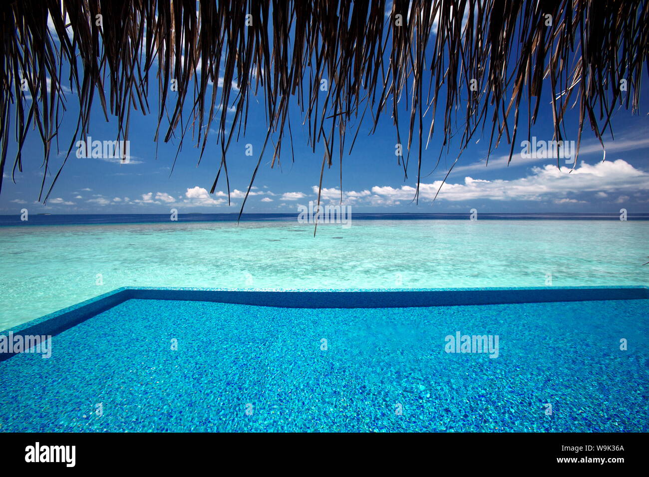 Piscina Infinity e laguna, Maldive, Oceano Indiano, Asia Foto Stock