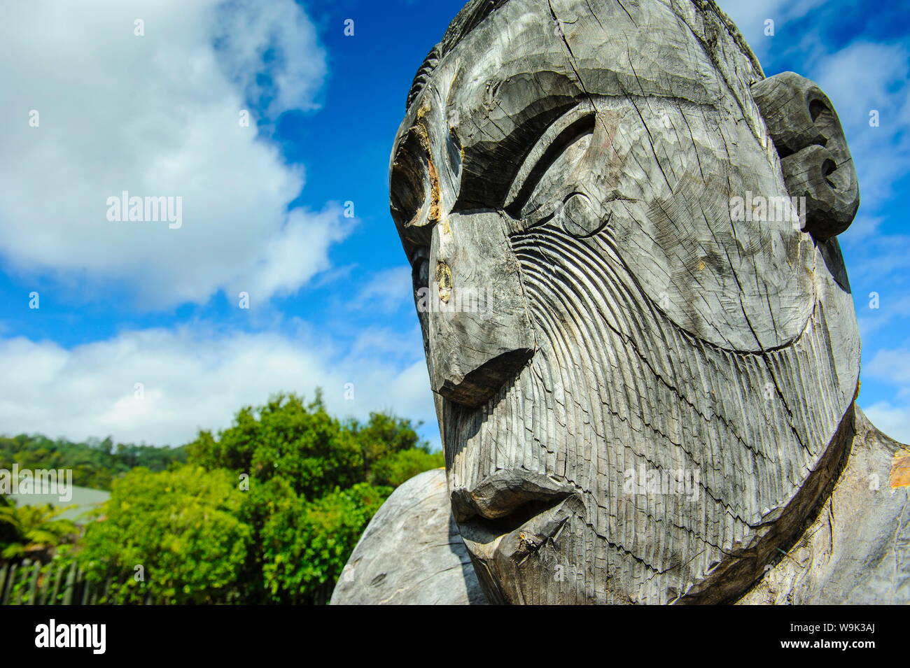 Tradizionali di legno intagliato nella maschera di Te Puia Maori centro culturale, Rotorura, Isola del nord, Nuova Zelanda, Pacific Foto Stock