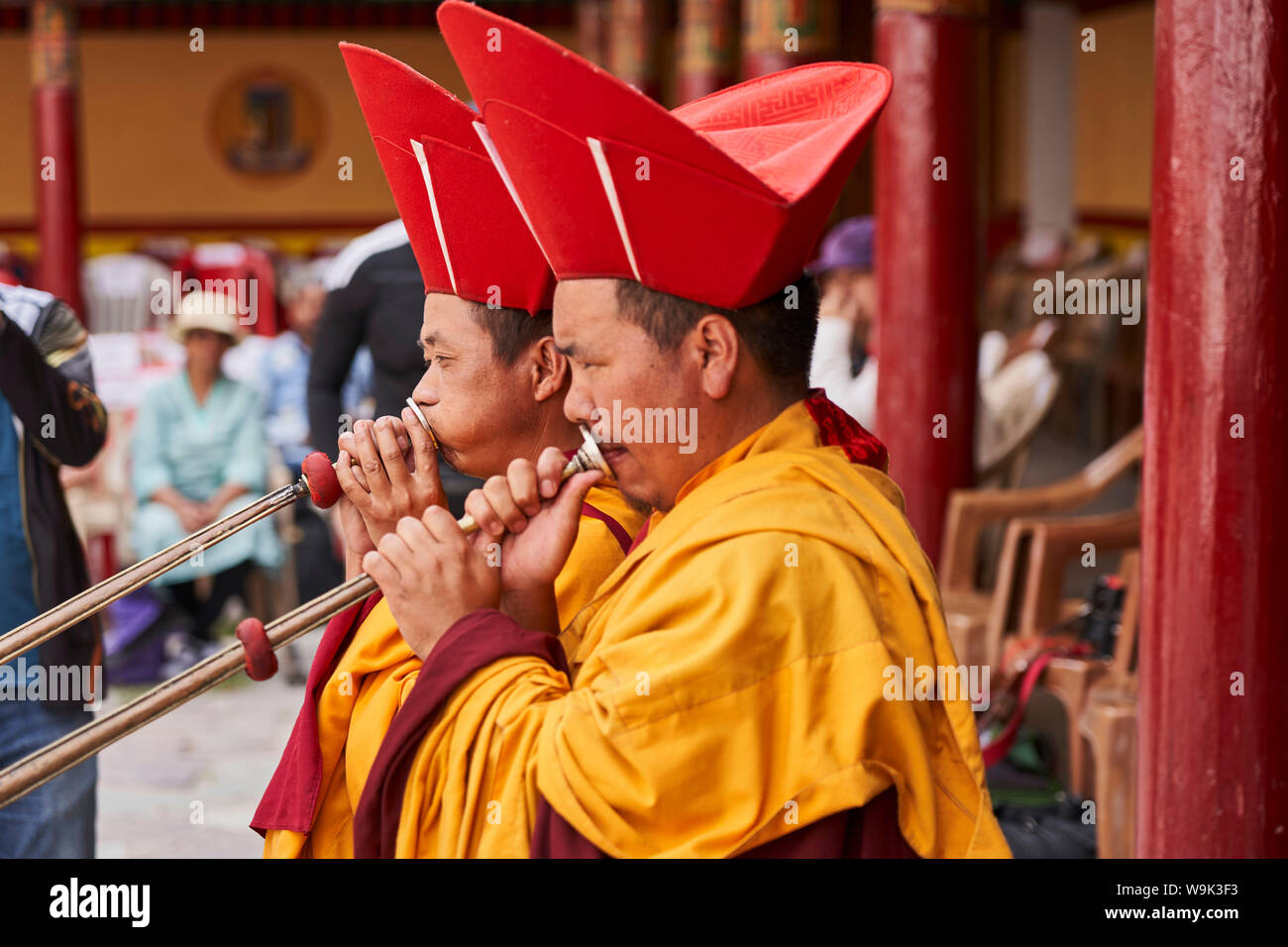 Trombettieri al monastero di Hemis festive 2019, Ladakh Jammu & Kashmir Foto Stock