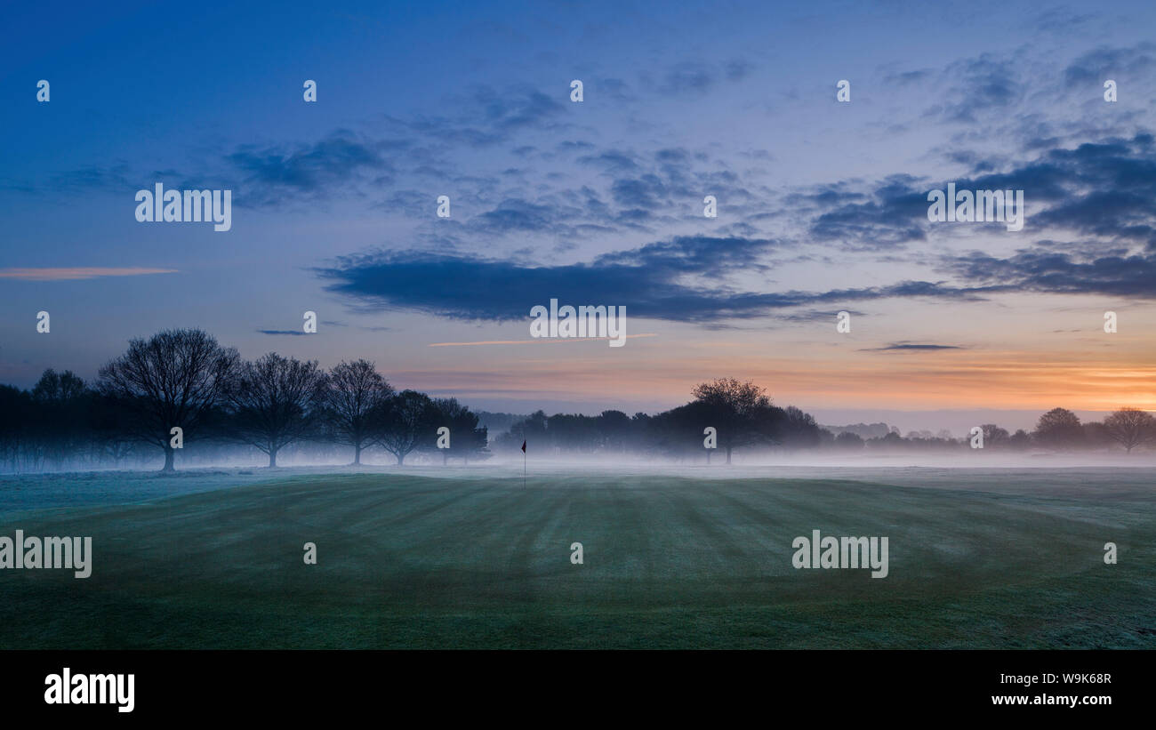 Alba la luce penetra attraverso il cielo con nebbia giacendo attraverso il paesaggio di Delamere Forest Golf Club, Cheshire, Inghilterra, Regno Unito, Europa Foto Stock