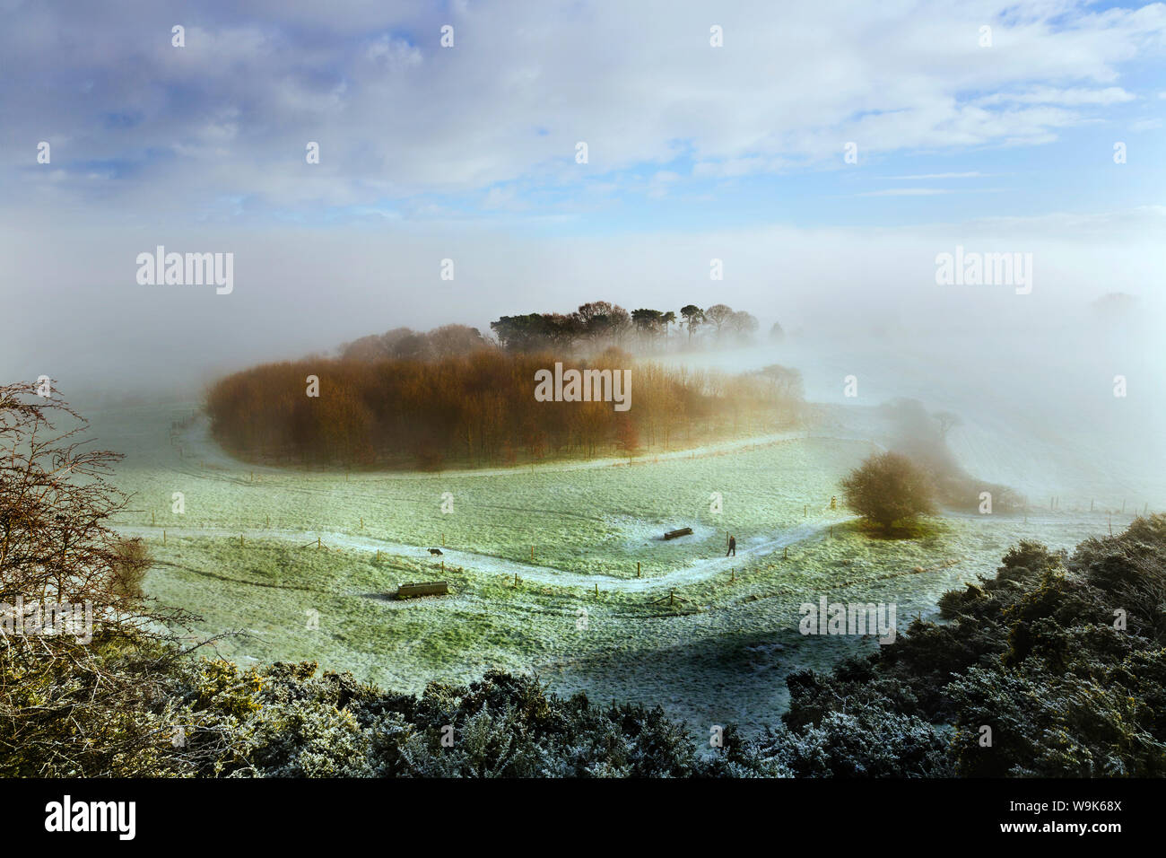 Una signora a piedi il suo cane lungo un sentiero sotto Eddisbury Hill su un inverni mattina con la nebbia e la nebbia al di là di clearing, Cheshire, Inghilterra, Regno Unito Foto Stock
