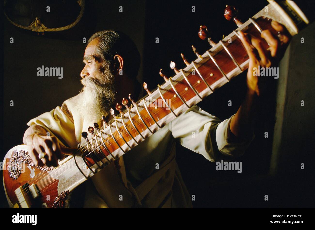 Ritratto di un uomo anziano giocando il sitar, India Foto Stock