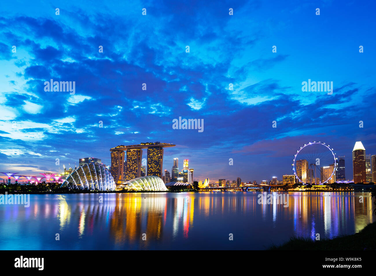 Giardini dalla baia, Cloud Forest, fiore Dome, Marina Bay Sands Hotel e Casinò e Singapore Flyer ruota panoramica Ferris, Singapore, Sud-est asiatico, in Asia Foto Stock