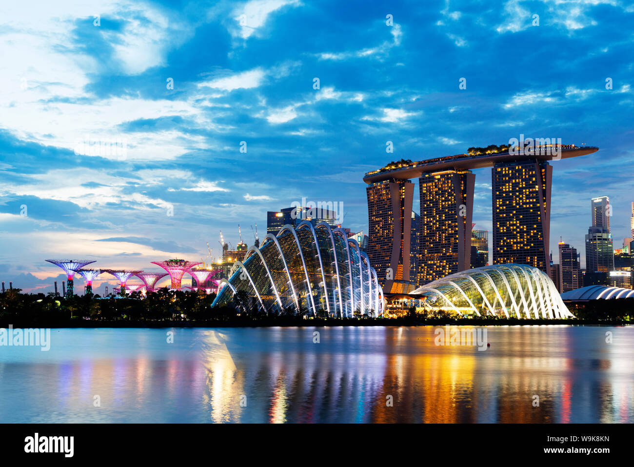 Giardini dalla baia, Cloud Forest, fiore Dome, Marina Bay Sands Hotel e Casinò, Supertree Grove, Singapore, Sud-est asiatico, in Asia Foto Stock