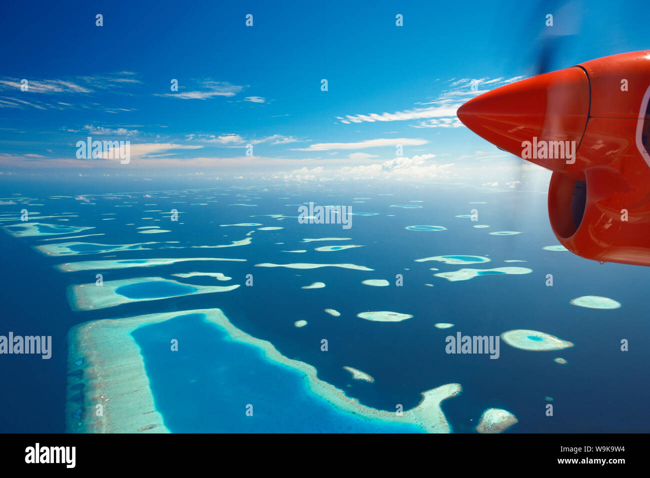 Vista aerea di atolli, Maldive, Oceano Indiano, Asia Foto Stock