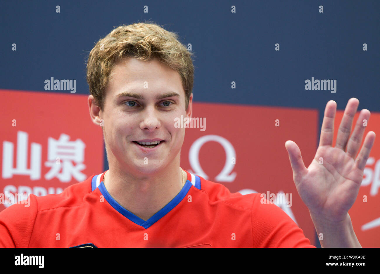 (190814) -- SINGAPORE, 14 agosto 2019 (Xinhua) -- Vladimir Morozov della Russia partecipa a una conferenza stampa prima del nuoto FINA di Coppa del Mondo a Singapore sportivo del mozzo su agosto 14, 2019. (Xinhua/quindi Chih Wey) Foto Stock