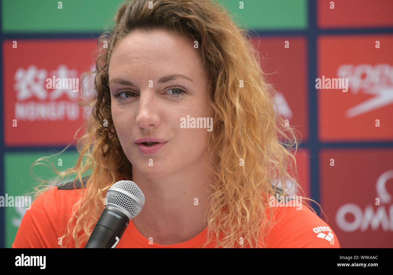 (190814) -- SINGAPORE, 14 agosto 2019 (Xinhua) -- Katinka Hosszu di Ungheria partecipa a una conferenza stampa prima del nuoto FINA di Coppa del Mondo a Singapore sportivo del mozzo su agosto 14, 2019. (Xinhua/quindi Chih Wey) Foto Stock