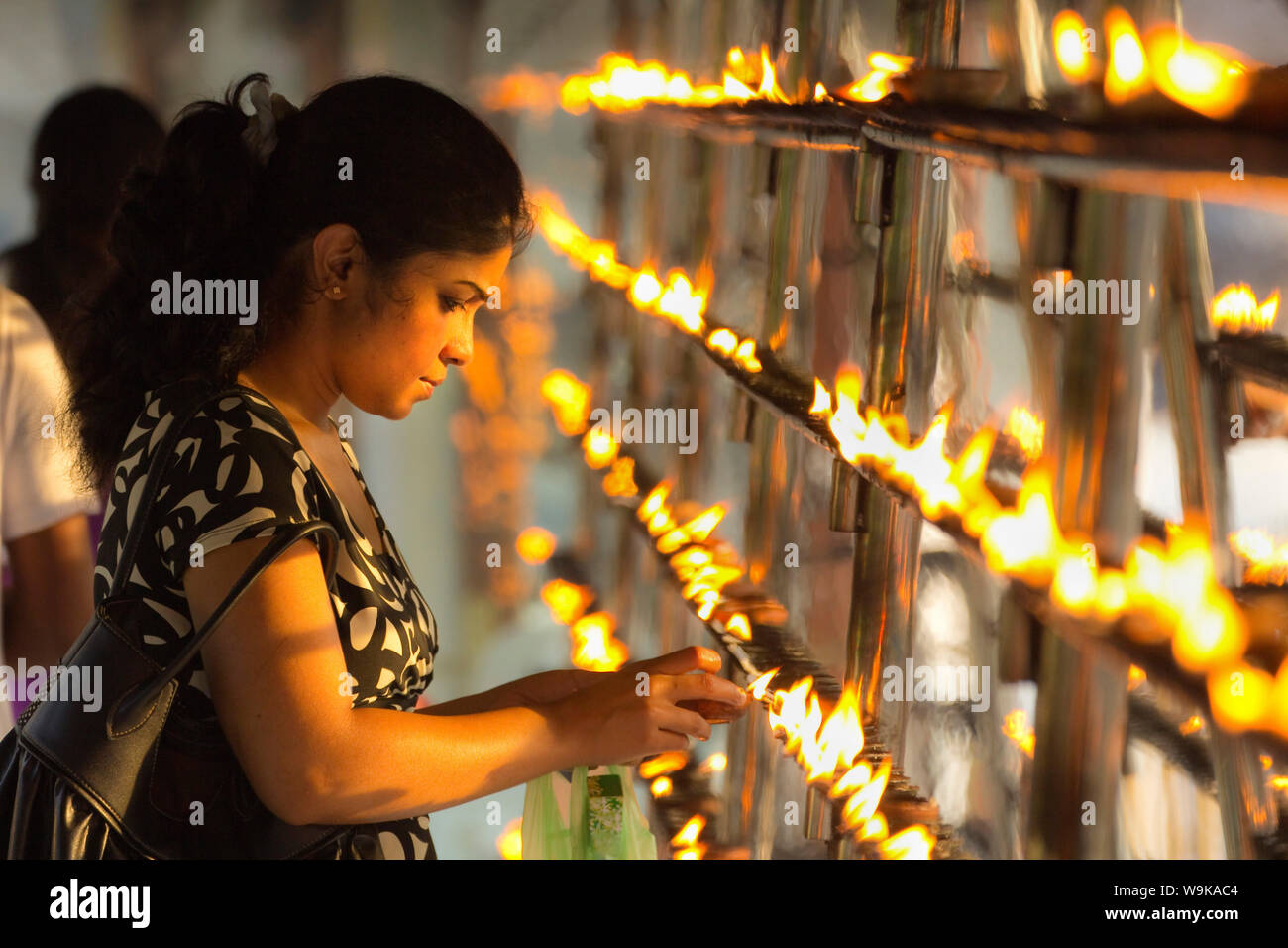 Devoto accendendo candele al tramonto nel tempio del Sacro Dente reliquia (Tempio del dente), luogo di pellegrinaggio buddista, Kandy, Sri Lanka, Asia Foto Stock