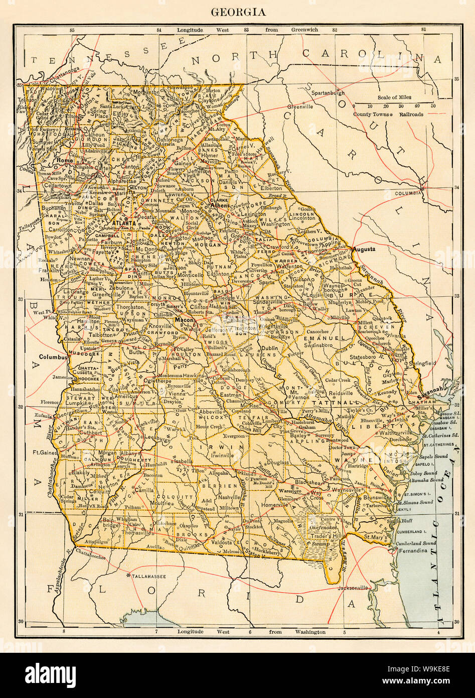 Mappa di Georgia, 1870s. Colore llithograph Foto Stock