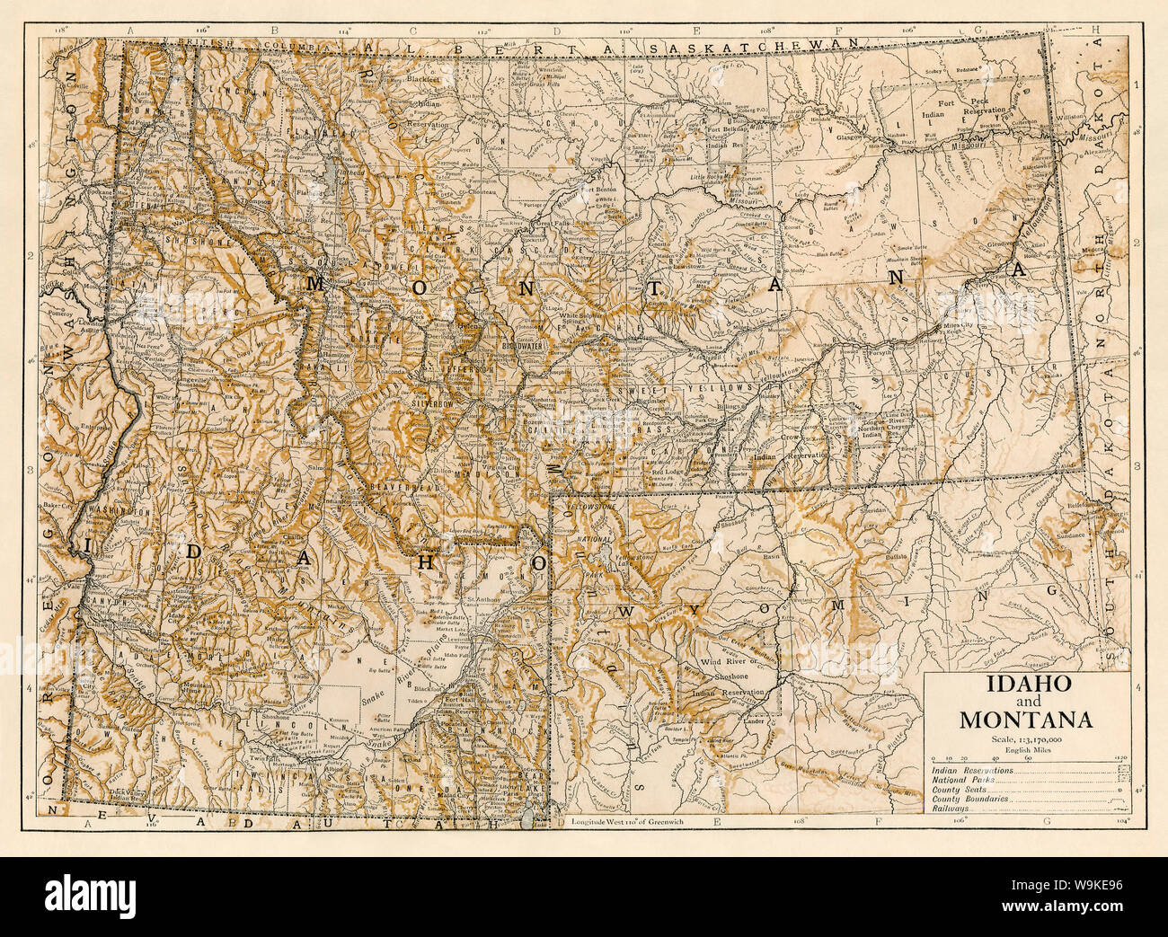 Mappa di Idaho e Montana, 1870s. Litografia a colori Foto Stock