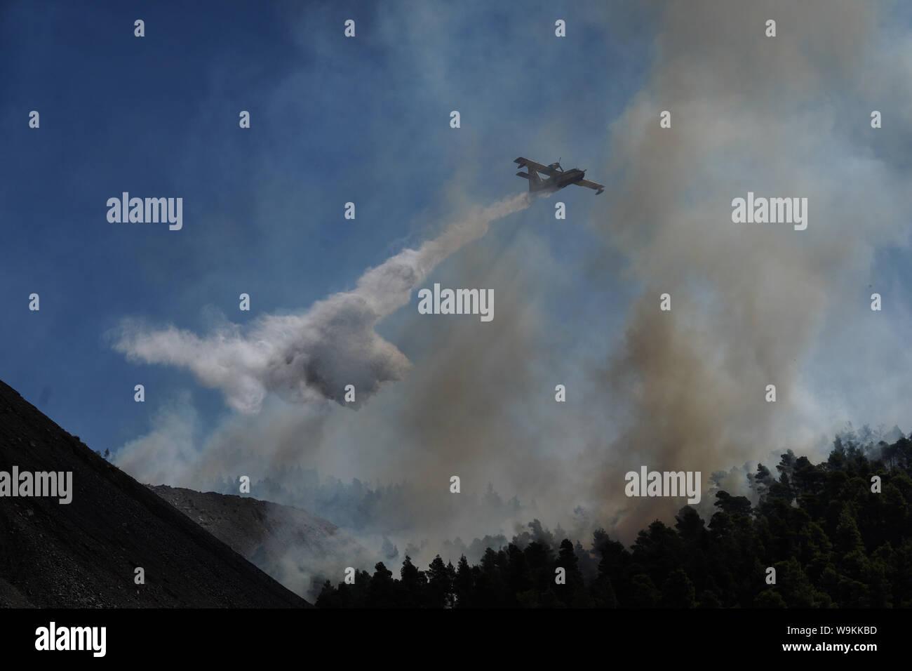 Atene, Grecia. 14 ago 2019. Un aereo spray su un fuoco attiva anteriore vicino villaggio di Stavros, sull isola di Eubea, Grecia, il 14 agosto 2019. In mezzo a continui sforzi per estinguere un incendio distruttivo, Primo Ministro greco Kyriakos Mitsotakis mercoledì chiamati ad una più intensa cooperazione tra l'Unione europea (UE) ai deputati di affrontare in futuro calamità naturali. Egli ha effettuato la chiamata durante una visita a fire-colpite isola Eubea. Credito: Xinhua/Alamy Live News Foto Stock