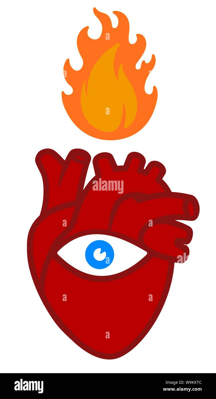 Illustrazione Vettoriale. Line art burning heart icona. L'amore, la vista e la fiamma. Illustrazione Vettoriale