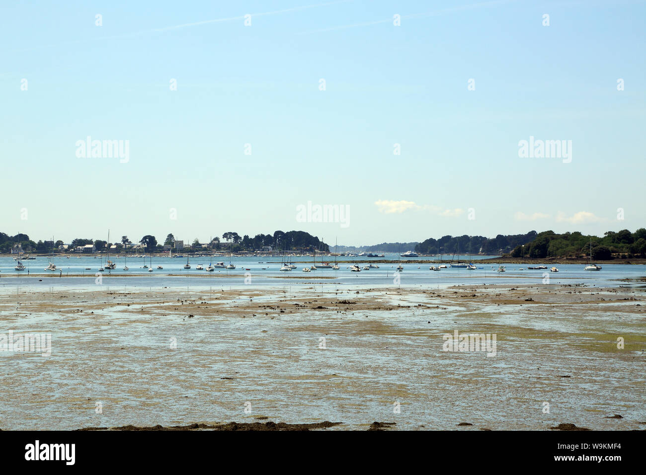 Vista di fronte la baia di Ile aux Moines e Port Blanc a bassa marea da Roscledan, Arradon, Morbihan, in Bretagna, Francia Foto Stock