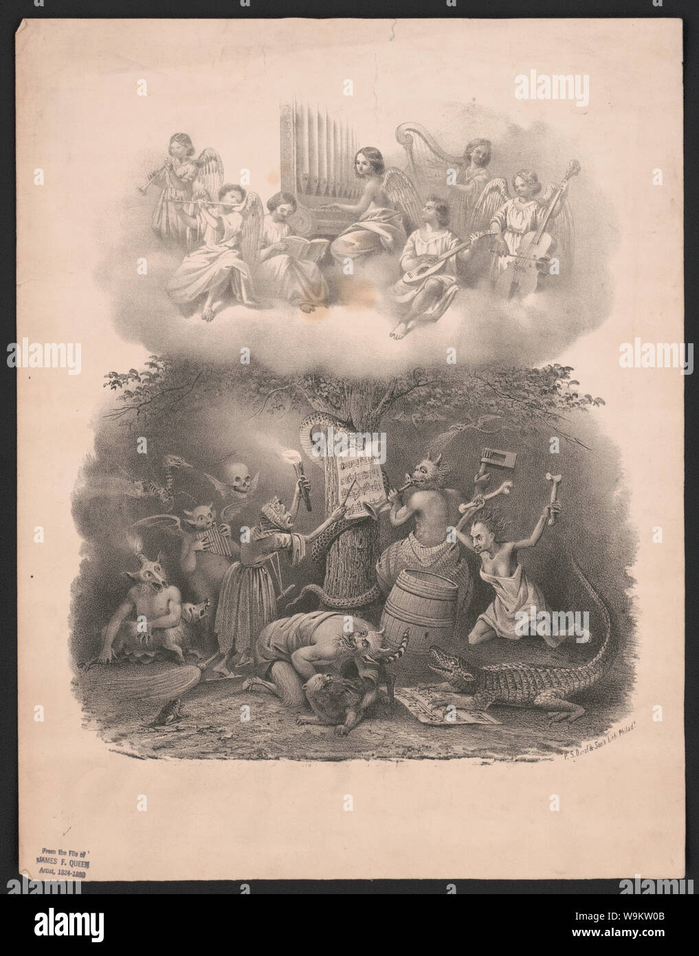 Angeli di riproduzione di musica in cielo, arpie la riproduzione di musica in un inferno Foto Stock