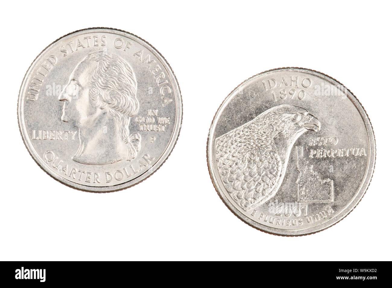 Complementare e invertire i lati dell'Idaho 2007p stato trimestre commemorativa isolato su uno sfondo bianco Foto Stock