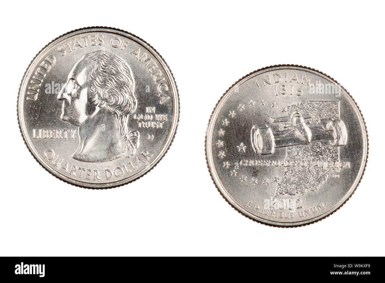 Complementare e invertire i lati dell'Indiana 2002d Stato trimestre commemorativa isolato su uno sfondo bianco Foto Stock