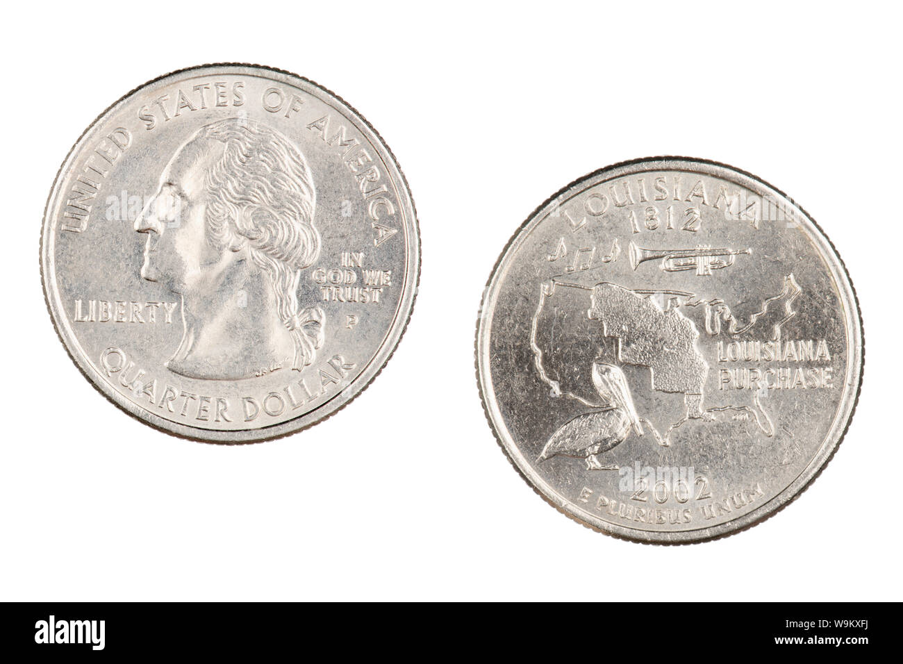 Complementare e invertire i lati della Louisiana 2002pState trimestre commemorativa isolato su uno sfondo bianco Foto Stock